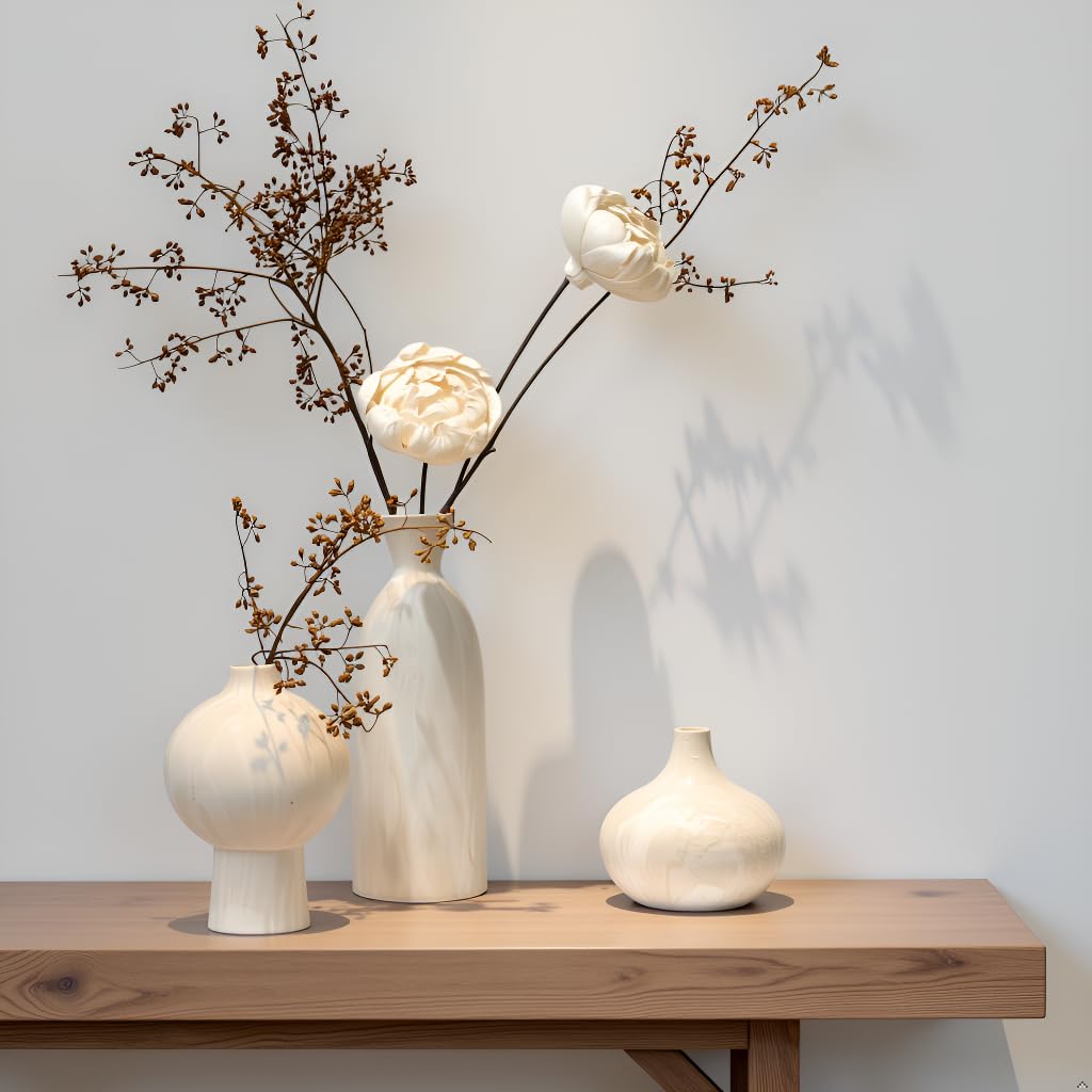 MartBig Ceramic Vase Set of 3 – White & Beige, Stone-Look Texture