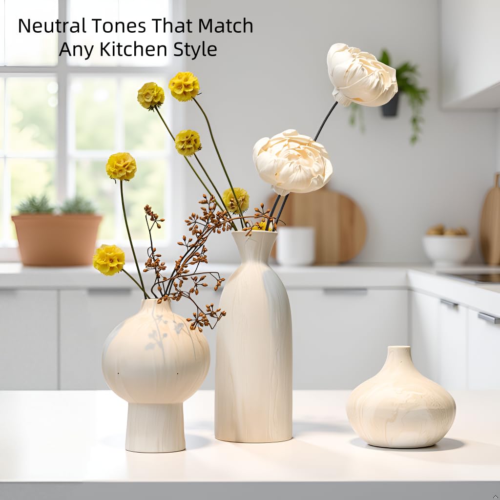MartBig Ceramic Vase Set of 3 – White & Beige, Stone-Look Texture