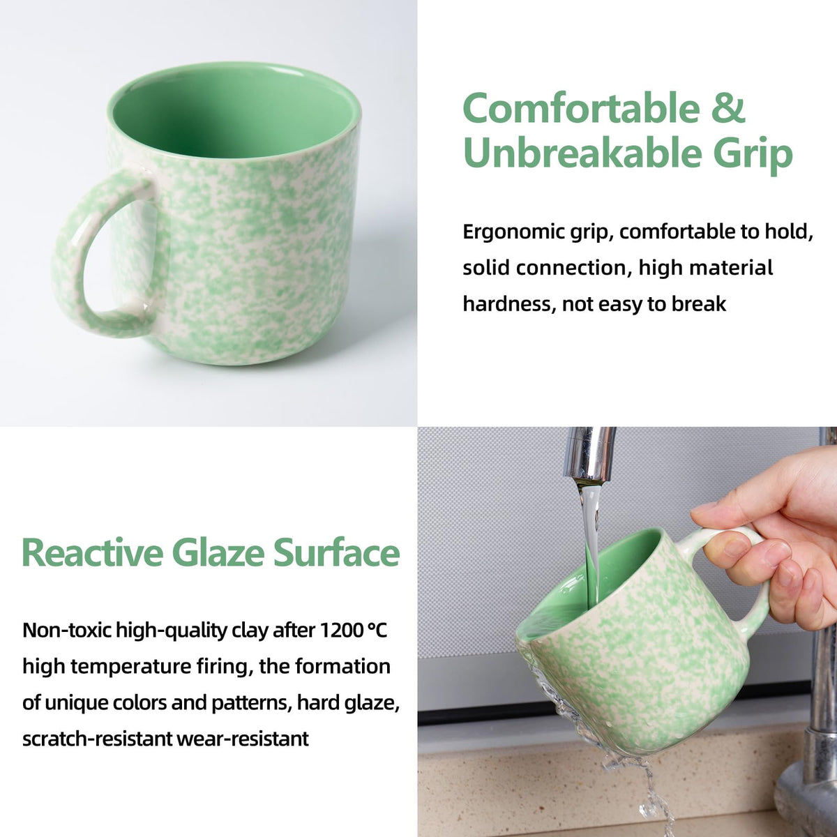 MartBig 12oz Ceramic Coffee Mugs – Set of 4, Green