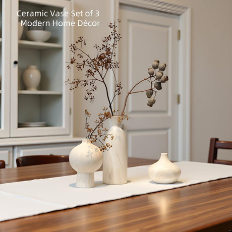 MartBig Ceramic Vase Set of 3 – White & Beige, Stone-Look Texture