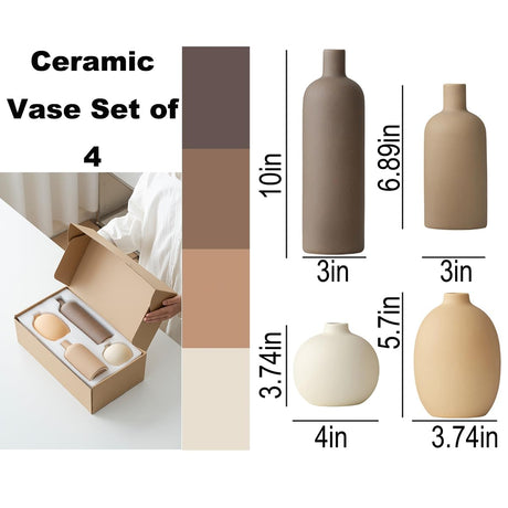 MartBig Modern Ceramic Vase Set of 4 – Neutral Colors, Coffee Mix