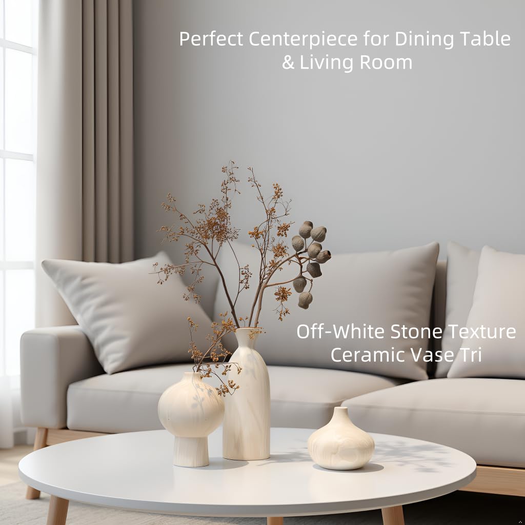 MartBig Ceramic Vase Set of 3 – White & Beige, Stone-Look Texture