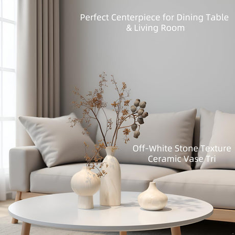 MartBig Ceramic Vase Set of 3 – White & Beige, Stone-Look Texture