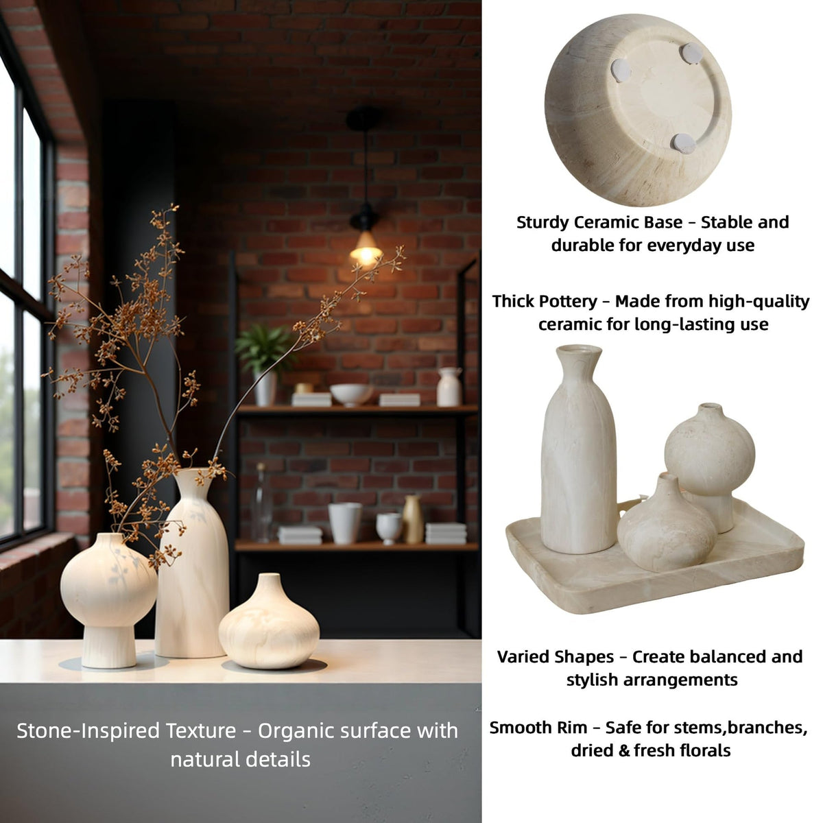 MartBig Ceramic Vase Set of 3 – White & Beige, Stone-Look Texture
