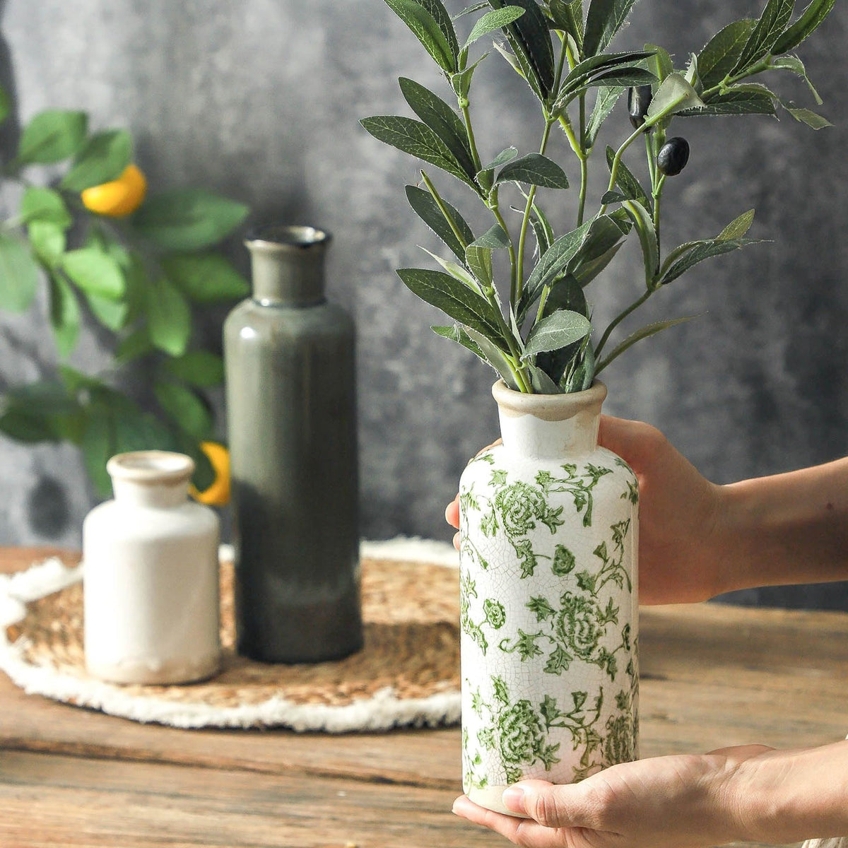 MartBig Vintage Ceramic Flower Vase Set of 3 – Chinoiserie, Green & Beige