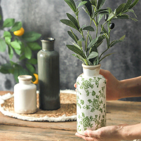MartBig Vintage Ceramic Flower Vase Set of 3 – Chinoiserie, Green & Beige