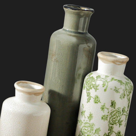 MartBig Vintage Ceramic Flower Vase Set of 3 – Chinoiserie, Green & Beige