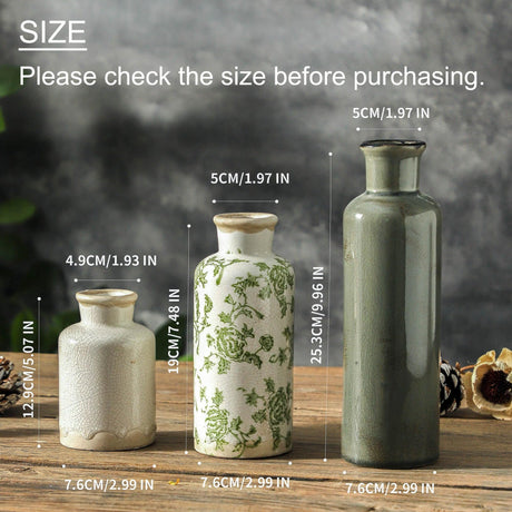 MartBig Vintage Ceramic Flower Vase Set of 3 – Chinoiserie, Green & Beige