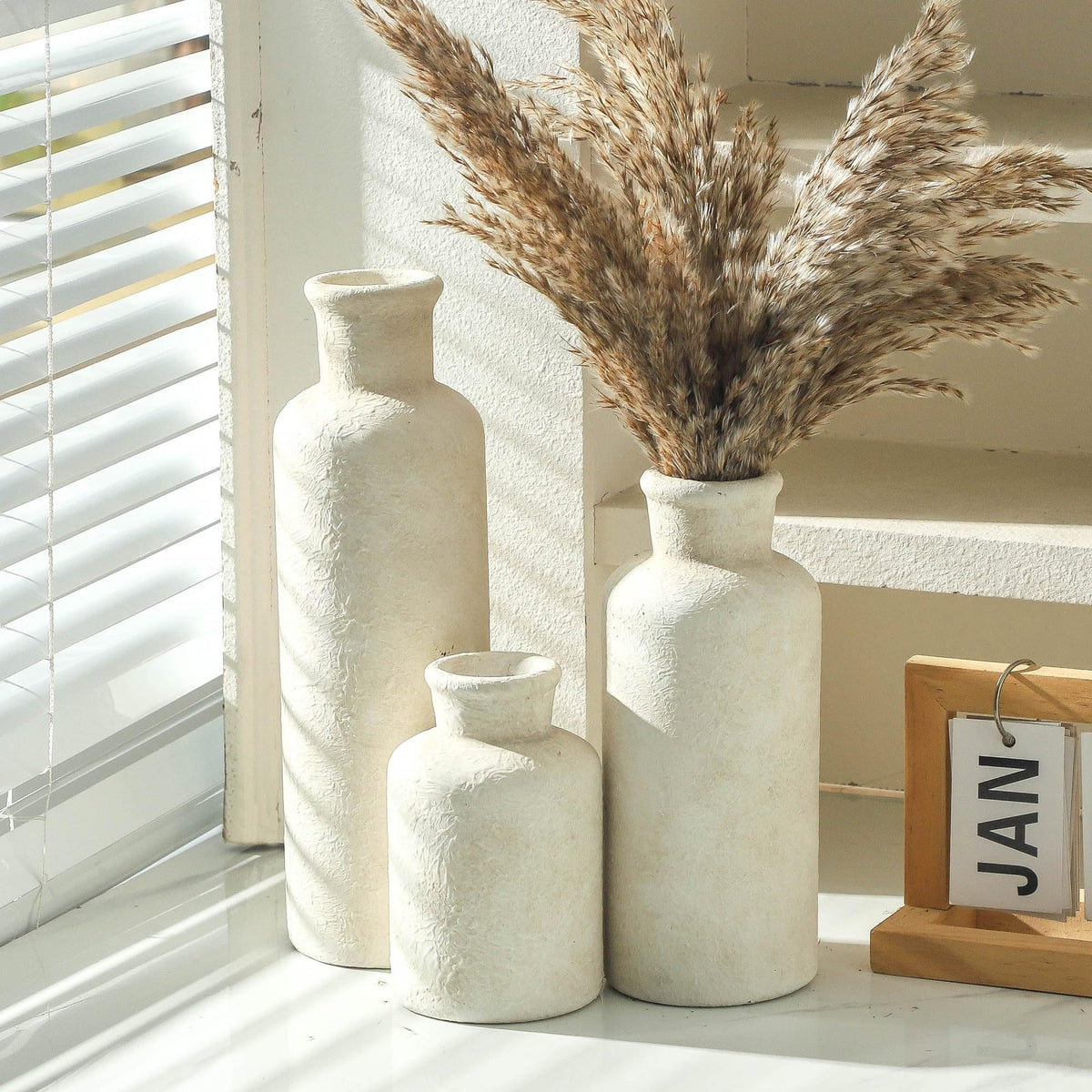 MartBig Ceramic Vases Set of 3 – Whitewashed Neutral, Farmhouse Decor